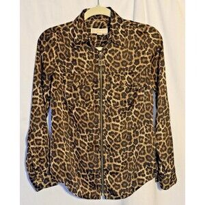 Michael Kors Womens Top Full Zip Roll Tab Sleeve Leopard Animal Print Sz XS